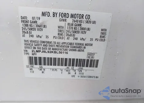 2019 Lincoln Nautilus Reserve из США, поврежденный, VIN 2LMPJ8L92KBL56116